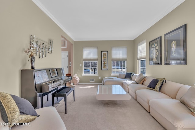 carpeted living area featuring baseboards, visible vents, and crown molding