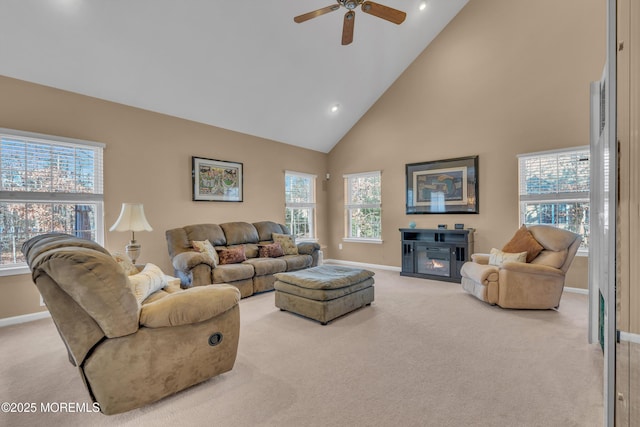 living area featuring carpet floors, recessed lighting, high vaulted ceiling, and baseboards