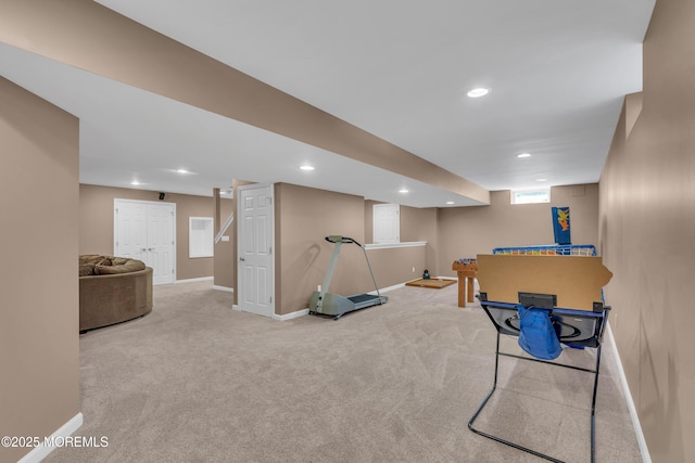 workout room with baseboards, carpet flooring, and recessed lighting