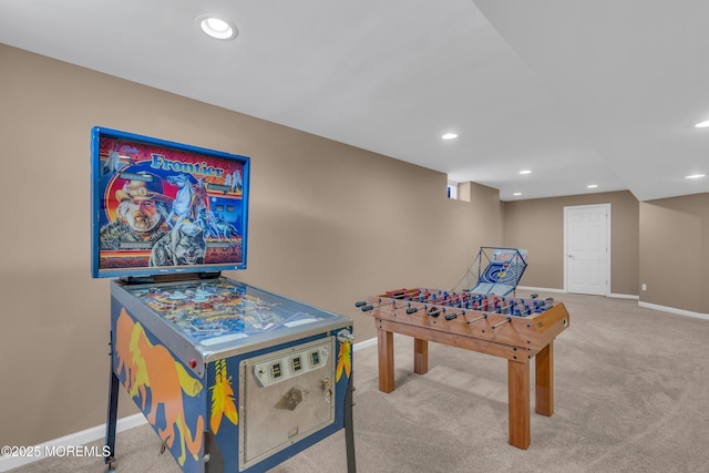 recreation room with baseboards, carpet flooring, and recessed lighting