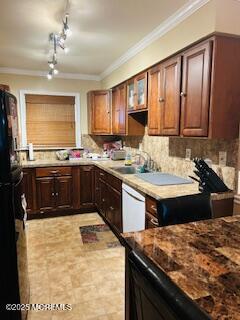 kitchen featuring a sink, backsplash, white dishwasher, and crown molding