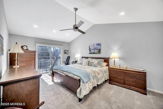 bedroom with access to exterior, recessed lighting, light carpet, vaulted ceiling, and ceiling fan