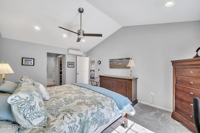 carpeted bedroom featuring lofted ceiling, ceiling fan, recessed lighting, baseboards, and a wall mounted air conditioner