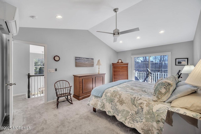 bedroom with carpet floors, access to exterior, recessed lighting, a ceiling fan, and vaulted ceiling