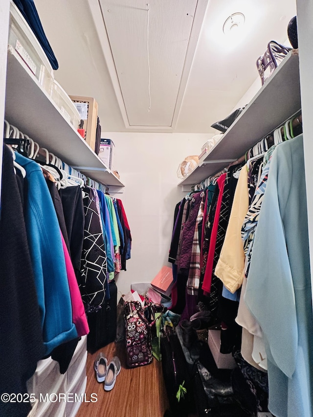 walk in closet featuring attic access and wood finished floors