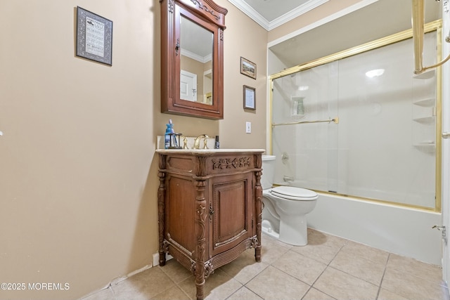 bathroom with toilet, enclosed tub / shower combo, ornamental molding, tile patterned floors, and vanity