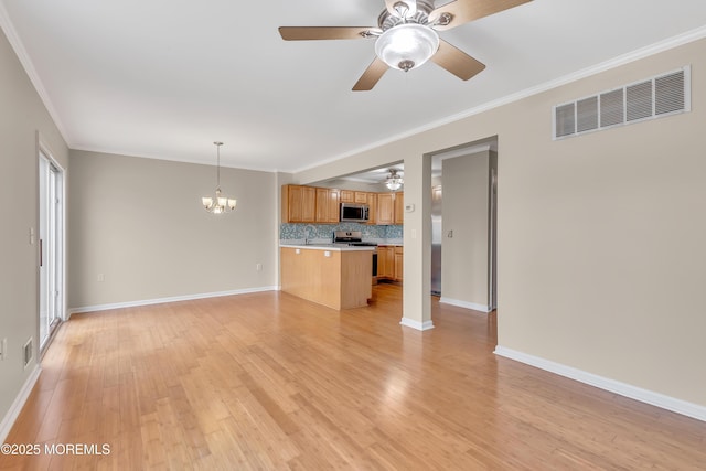 unfurnished living room with light wood-type flooring, baseboards, visible vents, and ornamental molding