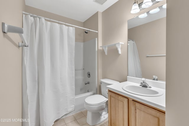 bathroom featuring shower / bath combo, visible vents, toilet, tile patterned flooring, and vanity