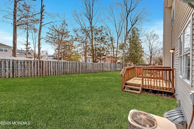 view of yard featuring a fenced backyard, a deck, and central air condition unit