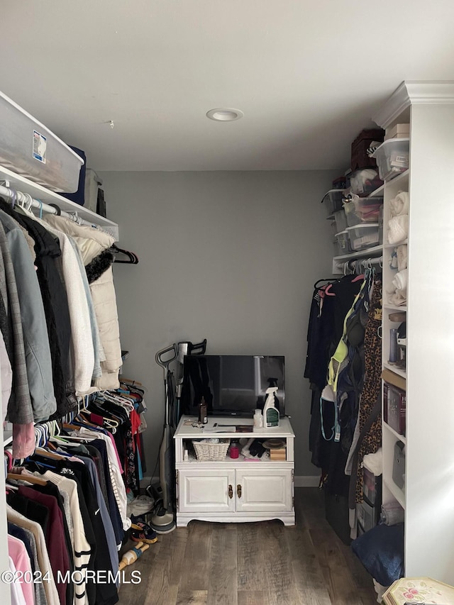 walk in closet with dark wood-style floors