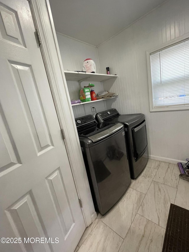 123 Harbor Inn Rd, Bayville, NJ 08721 - laundry area with independent washer and dryer, light marble finish floors, and baseboards