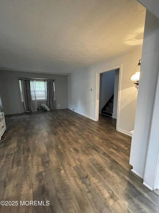 123 Harbor Inn Rd, Bayville, NJ 08721 - unfurnished living room with dark wood-style floors, stairway, and baseboards