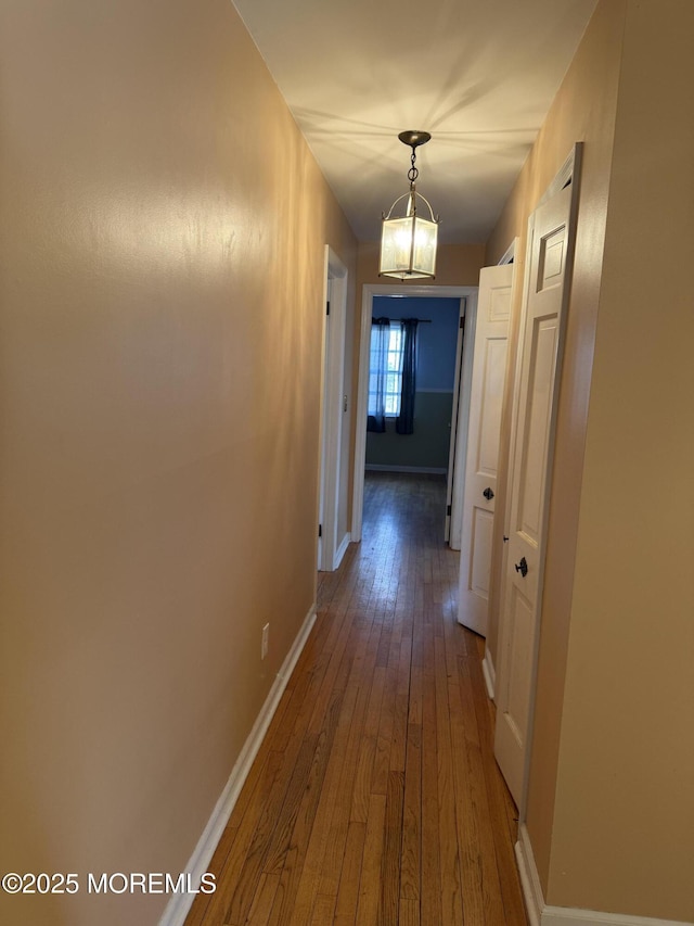 hall featuring wood-type flooring and baseboards