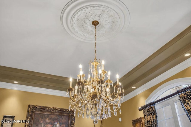 room details with recessed lighting, an inviting chandelier, and crown molding