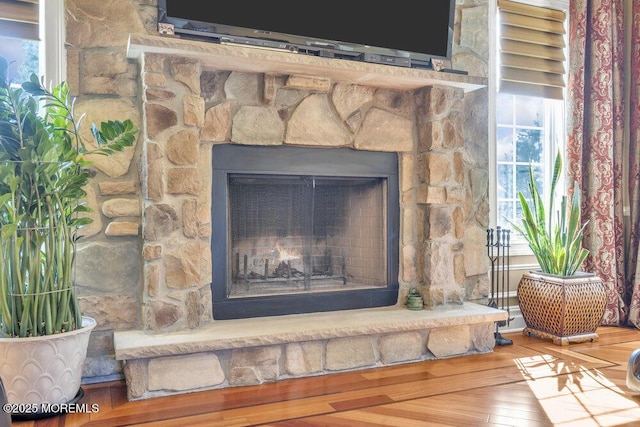 room details featuring a stone fireplace and wood finished floors