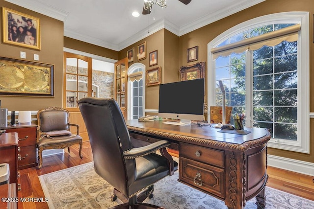 office area featuring ceiling fan, wood finished floors, and ornamental molding