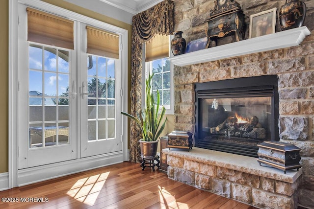 details with a glass covered fireplace, crown molding, wood finished floors, and french doors