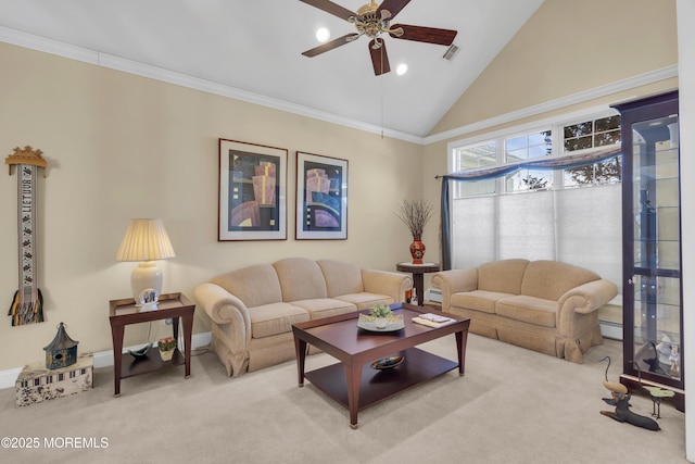 carpeted living room with crown molding, a baseboard radiator, visible vents, a ceiling fan, and high vaulted ceiling