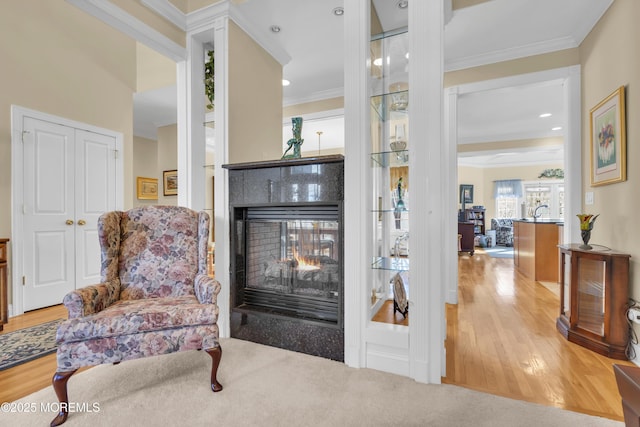 living area featuring wood finished floors, ornamental molding, and a multi sided fireplace