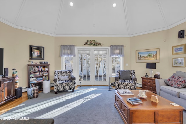 living area featuring carpet, french doors, crown molding, a baseboard radiator, and high vaulted ceiling