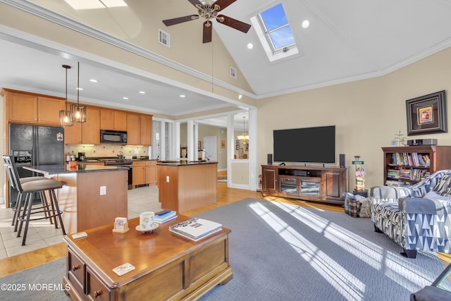 living room featuring high vaulted ceiling, recessed lighting, a ceiling fan, visible vents, and crown molding