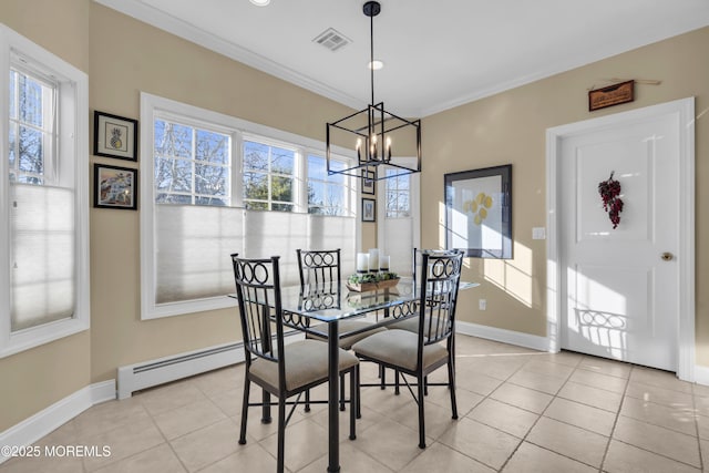 dining space featuring light tile patterned floors, a baseboard radiator, visible vents, ornamental molding, and baseboards