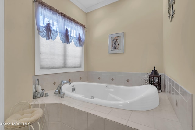 full bath featuring a garden tub and ornamental molding