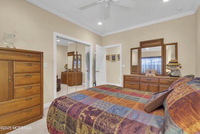 bedroom with baseboards, ornamental molding, and light colored carpet