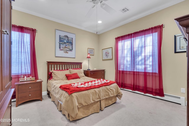 carpeted bedroom with visible vents, a baseboard radiator, ceiling fan, crown molding, and recessed lighting