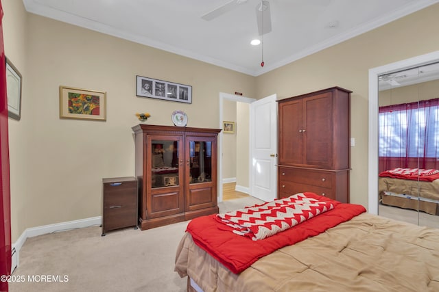 bedroom featuring baseboards, light colored carpet, ceiling fan, crown molding, and recessed lighting