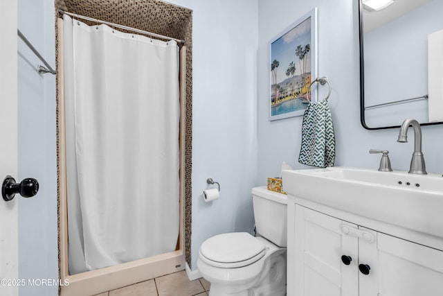 full bath featuring a stall shower, tile patterned flooring, vanity, and toilet