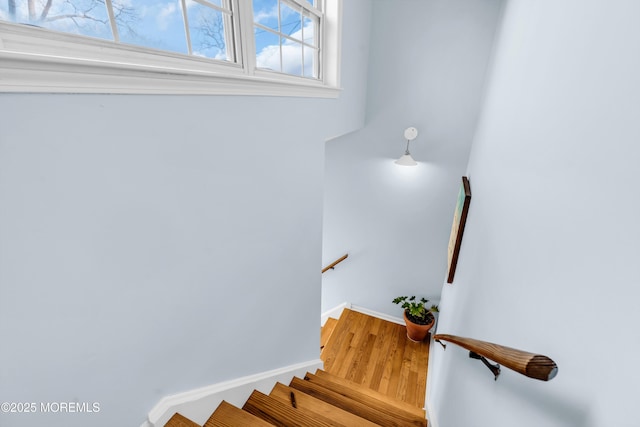 staircase featuring wood finished floors and baseboards