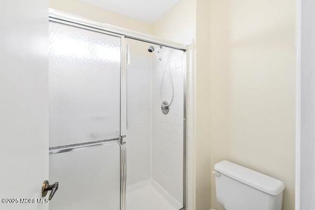 bathroom with a stall shower and toilet