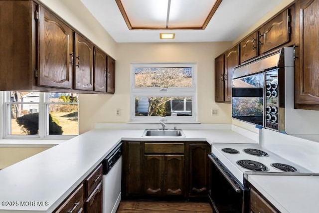 kitchen with light countertops, white dishwasher, a sink, and stainless steel microwave