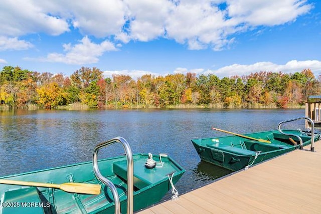 dock area featuring a water view and a wooded view