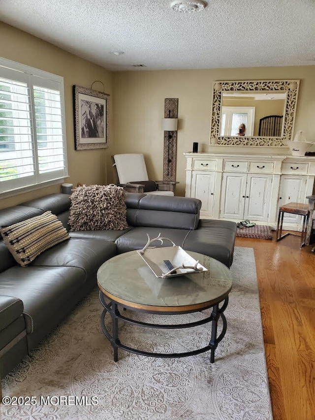 living room with a textured ceiling and wood finished floors