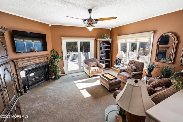 carpeted living area with a textured ceiling, a premium fireplace, a ceiling fan, and crown molding