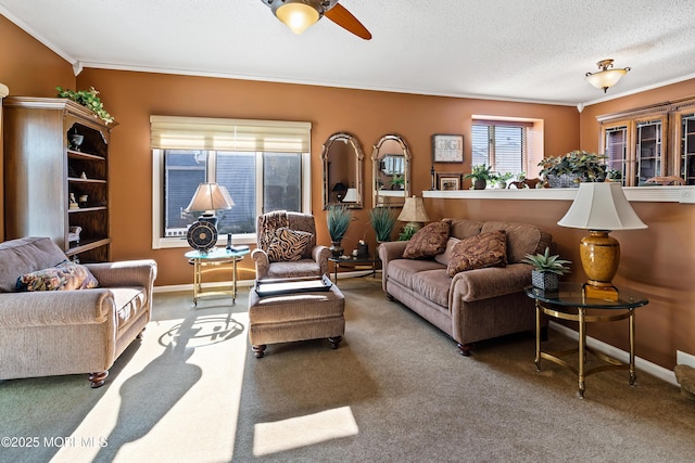 living area featuring a textured ceiling, baseboards, carpet flooring, and crown molding