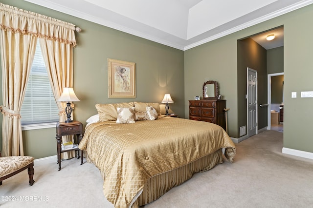 carpeted bedroom featuring baseboards and crown molding