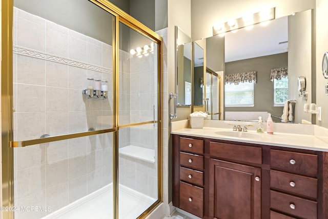 bathroom with a shower stall and vanity