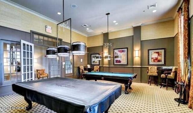 recreation room with visible vents, pool table, crown molding, carpet floors, and recessed lighting