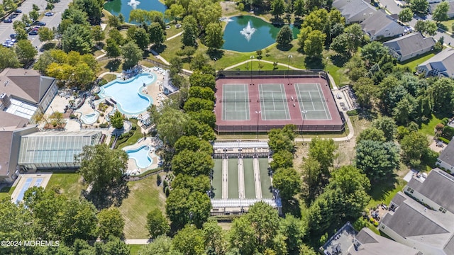 bird's eye view with a water view