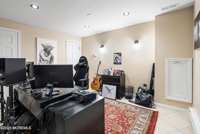 home office with recessed lighting, visible vents, baseboards, and tile patterned floors