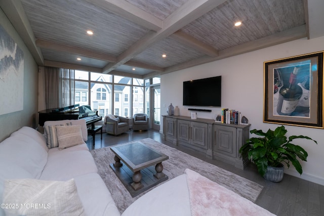 living room featuring baseboards, wood finished floors, beam ceiling, and recessed lighting