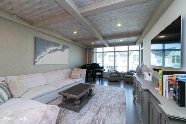 living room featuring wood finished floors, beam ceiling, and recessed lighting