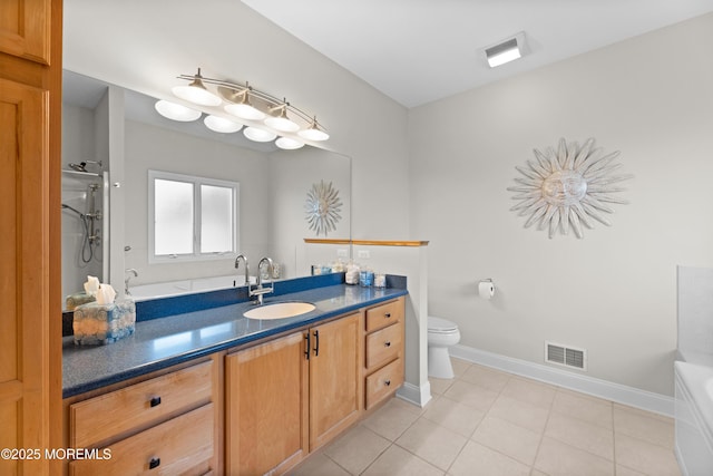 full bath featuring baseboards, visible vents, toilet, tile patterned floors, and vanity