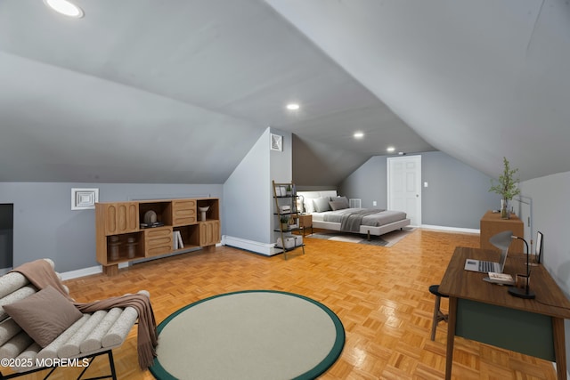 bedroom featuring baseboards, vaulted ceiling, and recessed lighting