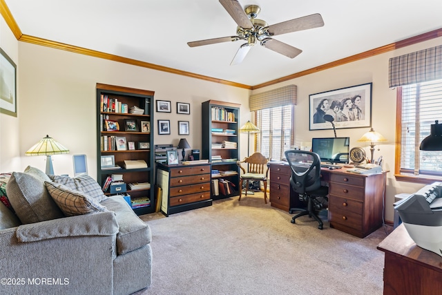 office with light colored carpet, crown molding, and ceiling fan