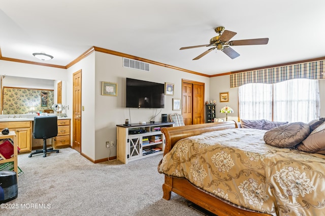 bedroom with light carpet, a ceiling fan, visible vents, baseboards, and crown molding