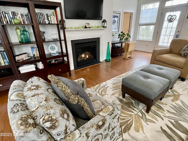 living area with wood finished floors, a fireplace with flush hearth, and baseboards